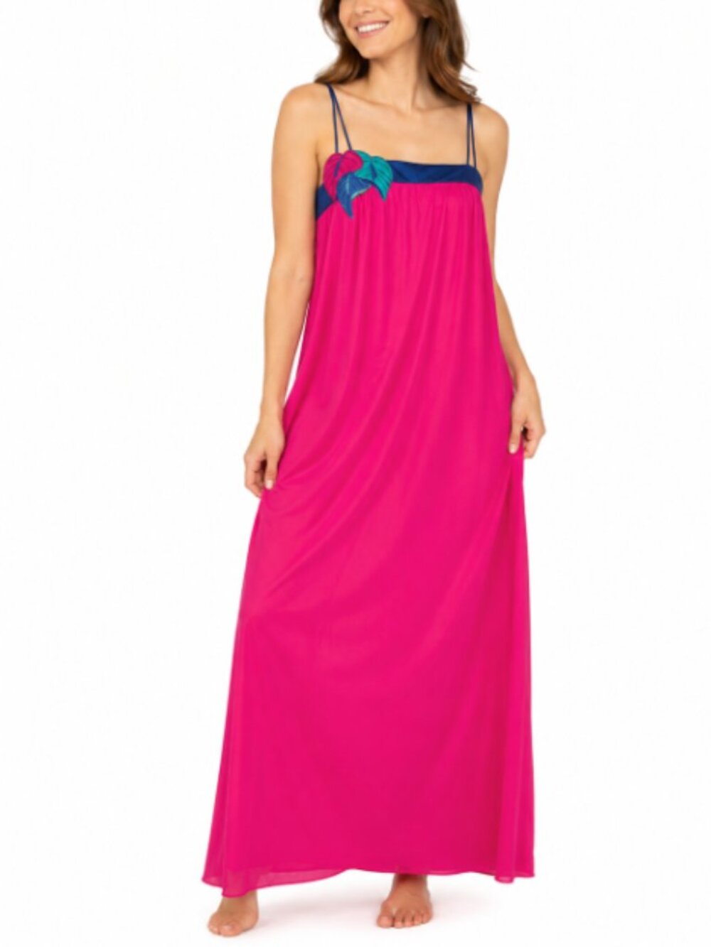 Vintage Correlation Hot Pink Maxi Slip Dress with Teal & Navy Accents 1980s Sz L